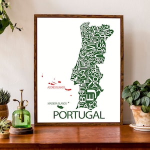 Carte typographique du Portugal avec les Açores et les îles de Madère | Carte de la République portugaise | Carte de l'Europe | Poster de carte personnalisé