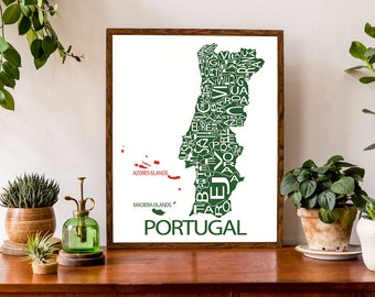 Typographic Map of Portugal with the Azores and Madeira Islands | Portuguese Republic Map Print | European Map | Custom Map Poster