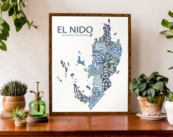 Typographic Map of El Nido, Palawan Island in the Phillipines | Custom Map Poster | Personalized Map Art | Destination Wedding Map Gift