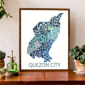 Carte typographique de Quezon City, Philippines | Carte des districts du Congrès, QC | Kyusi : carte | Poster de carte personnalisée | Illustration de carte personnalisée