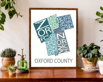 Typographic Map of Oxford County, Ontario | Woodstock, Ingersoll, Tillsonburg | Custom Map Print | Ontario Map Poster | Personalized Map Art