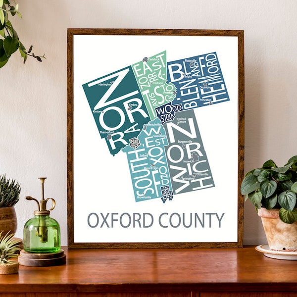 Typographic Map of Oxford County, Ontario | Woodstock, Ingersoll, Tillsonburg | Custom Map Print | Ontario Map Poster | Personalized Map Art