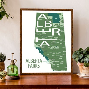 Carte typographique des parcs de l'Alberta | Carte des parcs de l'Alberta | Carte des campings | Carte de randonnée | Carte du Canada | Poster de carte personnalisée | Illustration de carte personnalisée