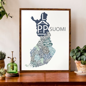 Carte typographique de Suomi | Carte régionale de la Finlande avec les capitales | Carte de l’Europe du Nord | | d’affiche de carte personnalisée Art cartographique personnalisé