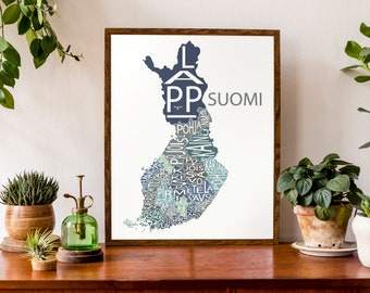Typographic Map of Suomi | Regional Map of Finland with Capital Cities | Northern European Map | Custom Map Poster | Personalized Map Art