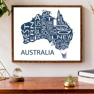 Carte typographique de l'Australie | Carte régionale de l'Australie avec les capitales | Impression de la carte du pays | Poster de carte personnalisée | Illustration de carte personnalisée