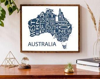 Typographic Map of Australia | Aussie Regional Map with Capitals | Country Map Print | Custom Map Poster | Personalized Map Art