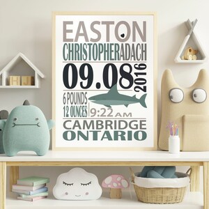 May include: A framed nursery print with a shark graphic and the text "Easton Christopheradach 09.08.2016 6 pounds 12 ounces 9:22 AM Cambridge Ontario".
