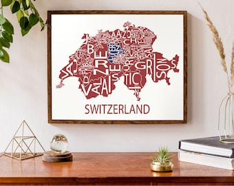Typographic Map of the Switzerland  | Modern Swiss Map | Country Map Print | European Map | Custom Map Poster | Personalized Map Print