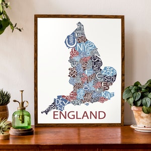 Typografische Karte von England | Landkarte | Europäische Karte | Großbritannien Karte Poster | Personalisiertes Karte Poster | Personalisierter Kartendruck