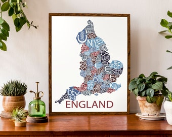 Typographic Map of England | Shire or County Map | European Map | United Kingdom Map Poster | Custom Map Poster | Personalized Map Print