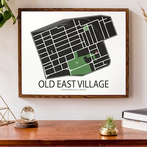 Carte typographique du quartier Old East Village à London, Ontario | Carte des quartiers de la ville de Londres | | d’affiche de carte personnalisée Personnalisé