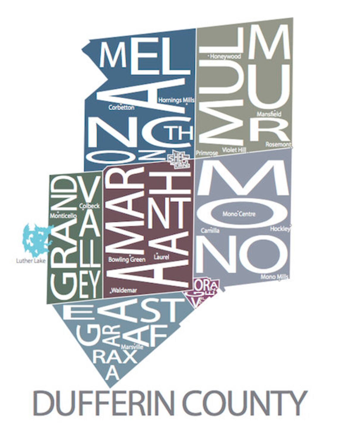 Typographic Map of Dufferin County Ontario County Map Print Etsy