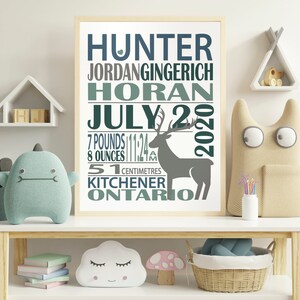 May include: A white poster with a deer silhouette and the text "HUNTER JORDANGINGERICH HORAN JULY 2 2020 7 POUNDS 11:24 AM 8 OUNCES 51 CENTIMETRES KITCHENER ONTARIO".
