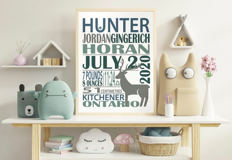 May include: A white poster with a deer silhouette and the text "HUNTER JORDANGINGERICH HORAN JULY 2 2020 7 POUNDS 11:24 AM 8 OUNCES 51 CENTIMETRES KITCHENER ONTARIO".