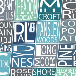 May include: A blue and gray map of a city with the names of different neighborhoods printed in white. The neighborhoods include: Brant Hills, Headon Forest, Mill Croft, Tansley Woods, Longmoor, Pine, Elizabeth Gardens, Rose Land, and Shore Acres.