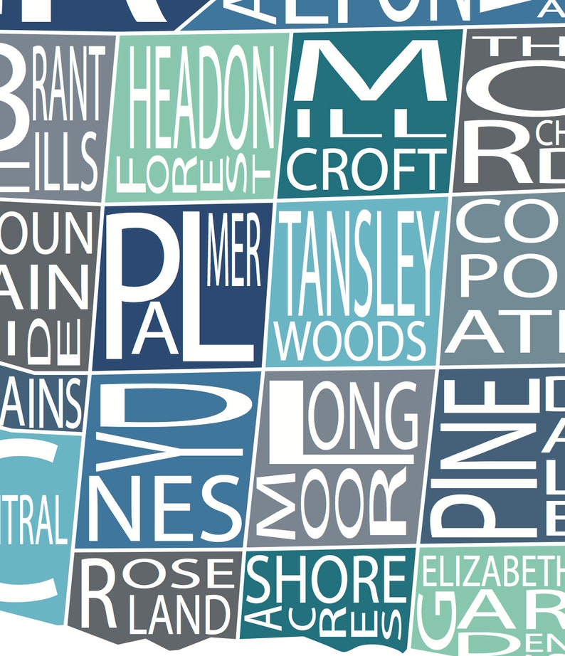 May include: A blue and gray map of a city with the names of different neighborhoods printed in white. The neighborhoods include: Brant Hills, Headon Forest, Mill Croft, Tansley Woods, Longmoor, Pine, Elizabeth Gardens, Rose Land, and Shore Acres.