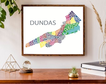 Typographic Map of Dundas, Ontario | Neighbourhood Map | Hamilton City Map | Ontario Town Map | Custom Map Poster | Personalized Map Art