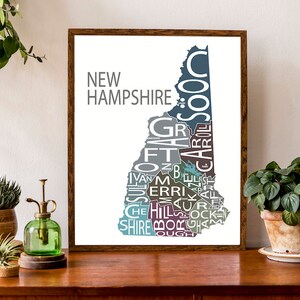 Carte typographique du New Hampshire | Carte de l'état des Etats-Unis | Carte de l'état du NH | Carte des États-Unis | Poster de carte personnalisée | Illustration de carte personnalisée