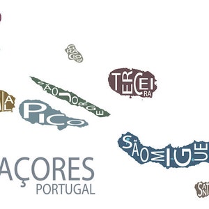 Typographic Map of Azores Islands, Portugal Portuguese Republic Map Print São Miguel Terceira São Jorge Faial Custom Art Poster image 6