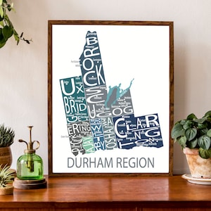 Carte typographique de la région de Durham, Ontario | Cartes : Ajax, Clarington, Oshawa, Pickering, Uxbridge, Whitby | Poster de carte personnalisée | Art personnalisé