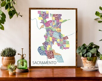 Typographic Map Sacramento in California | Neighborhood Map | City Map Print | USA Map Poster | Custom Map Poster | Personalized Map Art