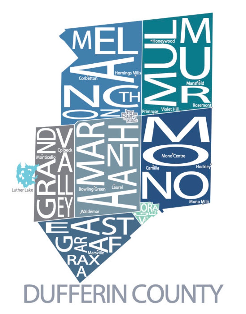 Typographic Map of Dufferin County Ontario Etsy