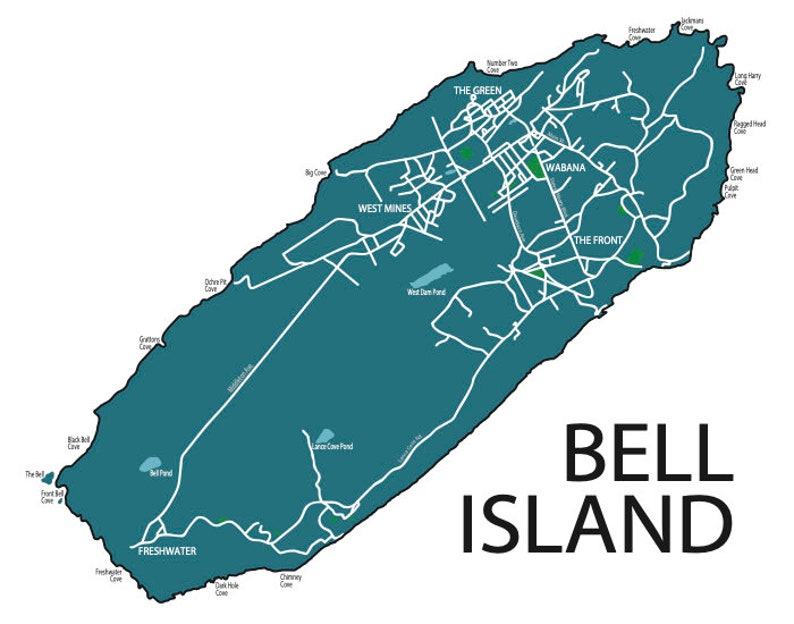 Typographic Map of Bell Island, Newfoundland Avalon Peninsula Conception Bay Maritimes Map Custom Map Poster Personalized Map Art Teal