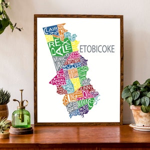 Carte typographique d'Etobicoke, à Toronto | Carte du quartier | Impression du plan de la ville | Carte de la ville de l'Ontario | Poster de carte personnalisée | Illustration de carte personnalisée