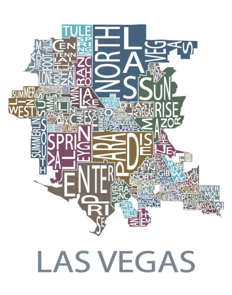 Typographic Map of Las Vegas, Nevada Neighborhood Map City Map Print USA Map Poster Custom Map Poster Personalized Map Art Multi-Muted (Pic 5)