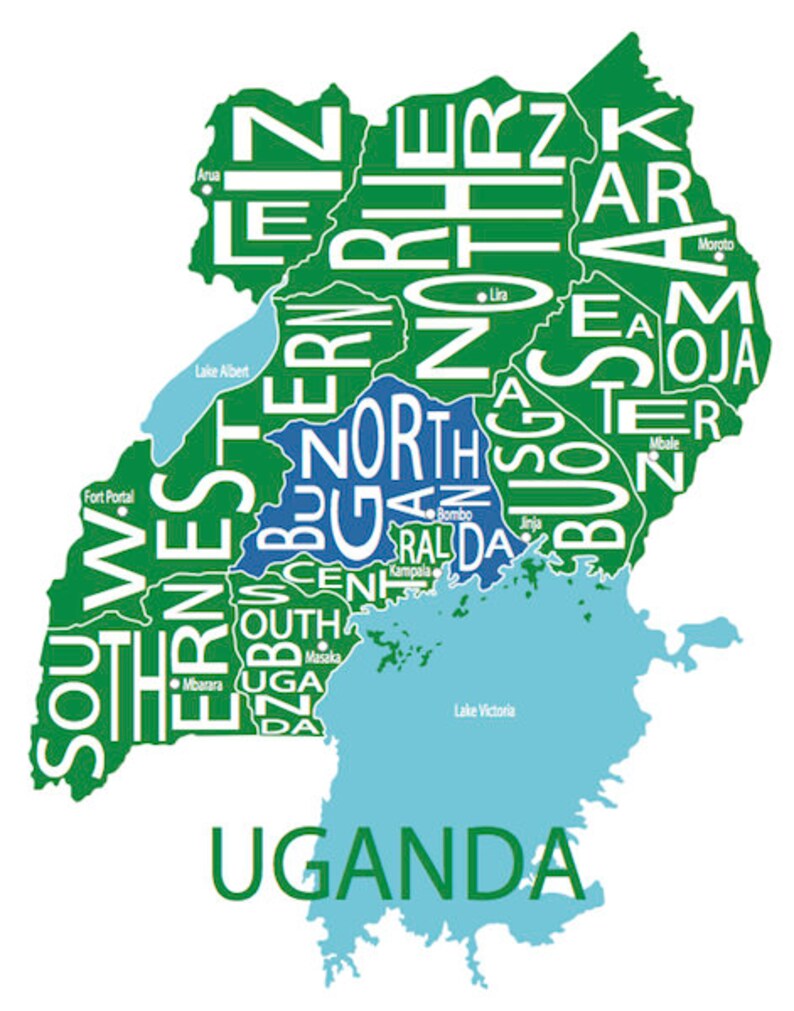 Typographic Map of Uganda | Republic of Uganda Map Print | Ugandan ...