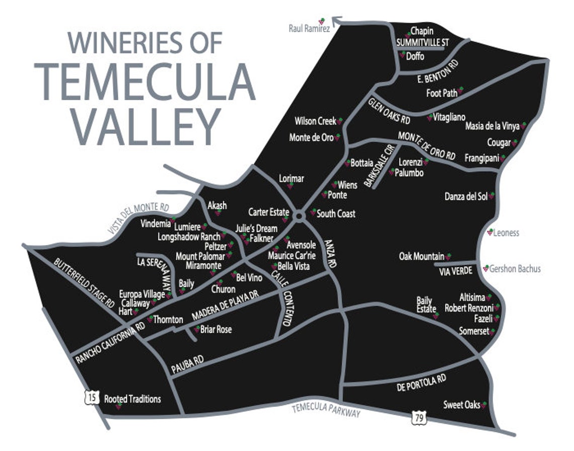 Typographic Map of Temecula Valley California With Wineries Etsy