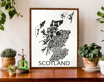Typographic Map of Scotland | Country Map Print | European Map | United Kingdom Map Poster | Custom Map Poster | Personalized Map Print