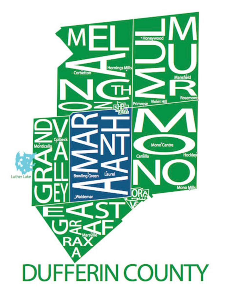 Typographic Map of Dufferin County Ontario County Map Print Etsy Sweden