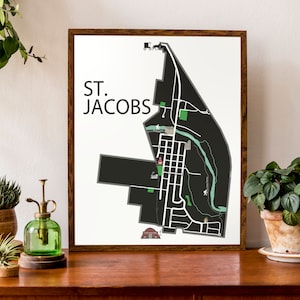 Carte typographique de St. Jacobs (Ontario) | Carte de la ville de la région de Waterloo Imprimer | Plan de la ville Imprimer | Marché fermier | Affiche de carte personnalisée