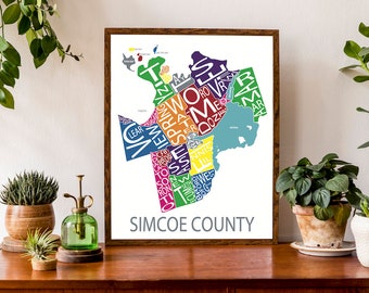 Typographic Map of Simcoe County | Lake Simcoe Area Map | Ontario County Map | Canadian Map | Custom Map Poster | Personalized Map Art