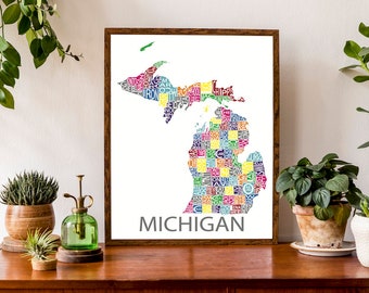 Typographic Map of Michigan State, USA | State Counties Poster | USA Map Poster | Custom Map Poster | Personalized Map Art