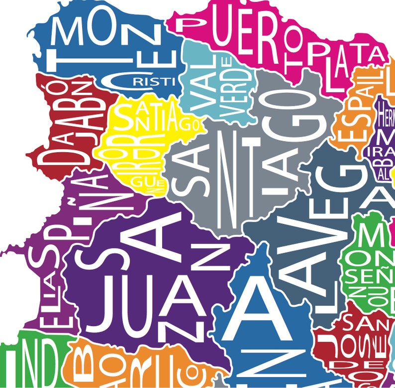May include: A colorful map of Spain with the names of each region written in white text. The regions are colored in shades of purple, blue, green, yellow, orange, red, and pink.