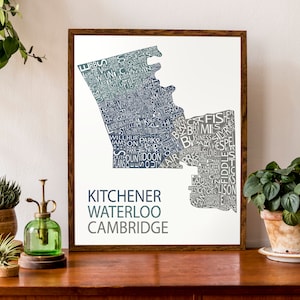Carte typographique des | de Kitchener, Waterloo et Cambridge Carte des | tri-villes Carte de la ville des collectivités de l’Ontario | Affiches de quartier | Coutume
