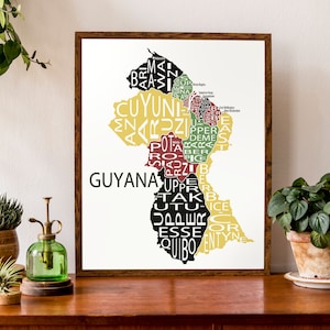 Carte typographique de la Guyane, amérique du Sud | Carte régionale guyanaise | Capitales régionales du Guyana Print | | d’affiche de carte personnalisée Art personnalisé