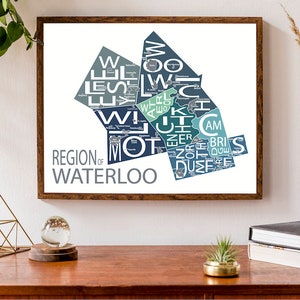 Carte typographique de la région de Waterloo | Carte : Kitchener, Waterloo, Cambridge | Carte de l'Ontario | Poster de carte personnalisée | Impression de carte personnalisée