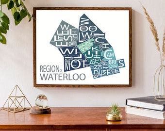 Typographic Map of the Region of Waterloo | Kitchener, Waterloo, Cambridge Map | Ontario Map | Custom Map Poster | Personalized Map Print