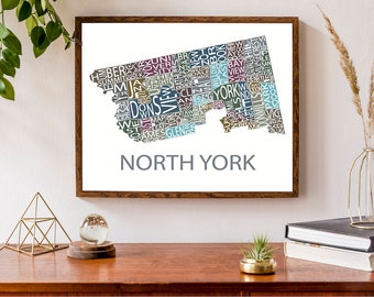 Typographic Map of North York in Toronto | Neighbourhood Map | City Map Print | Ontario City Map | Custom Map Poster | Personalized Map Art