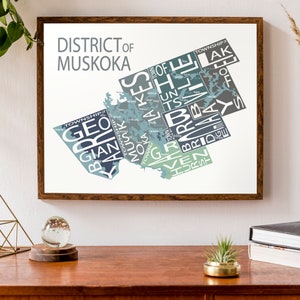 Typographic Map of the District of Muskoka, Ontario | Lake Muskoka Map | Ontario Map | Canadian Map | Custom Map Poster | Personalized Art