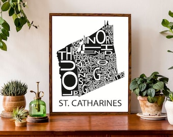 Typographic Map of St. Catharines, Ontario | City Map Print | Neighbourhood Poster | Niagara Region City Map | Custom Map Art Poster