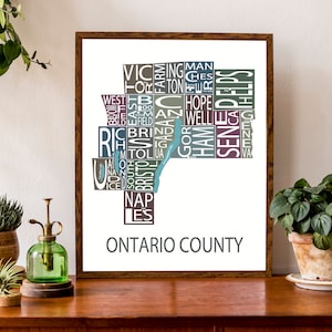 Carte typographique du comté d'Ontario, New York | Carte de la ville du comté d'impression | Affiche de carte des Etats-Unis | Poster de carte personnalisée | Illustration de carte personnalisée