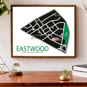 Carte typographique du quartier Eastwood de Kitchener, Ontario | Carte du quartier | Impression de carte moderne | Poster de carte personnalisé