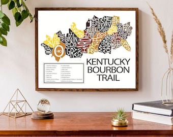 Könnte beinhalten: Ein gerahmter Druck einer Karte von Kentucky mit den Namen verschiedener Bourbon-Destillerien im Bundesstaat. Die Karte hat die Form von Kentucky und die Namen der Destillerien sind in verschiedenen Farben gehalten. Der Text "Kentucky Bourbon Trail" ist unter der Karte gedruckt.