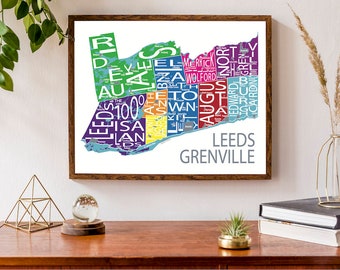 Typographic Map of Leeds Grenville County | Brockville Gananoque Kemptville Print | Ontario Map Art | Custom Poster | Personalized Map Print