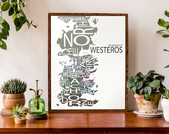 Typographic Map of Westeros | Game of Thrones Map | Regions or Kingdoms Map | A Song of Ice and Fire Map | Fictional Map | Custom Map Poster